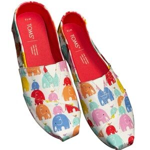 NWT TOMS Alpargata White Colorful Elephant Print Shoes, sz 7.5